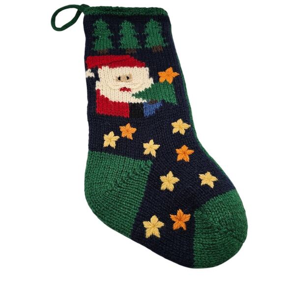 VTG Wool Knit Santa Claus Yellow Stars Green Background Christmas Stocking 19” - Picture 1 of 4